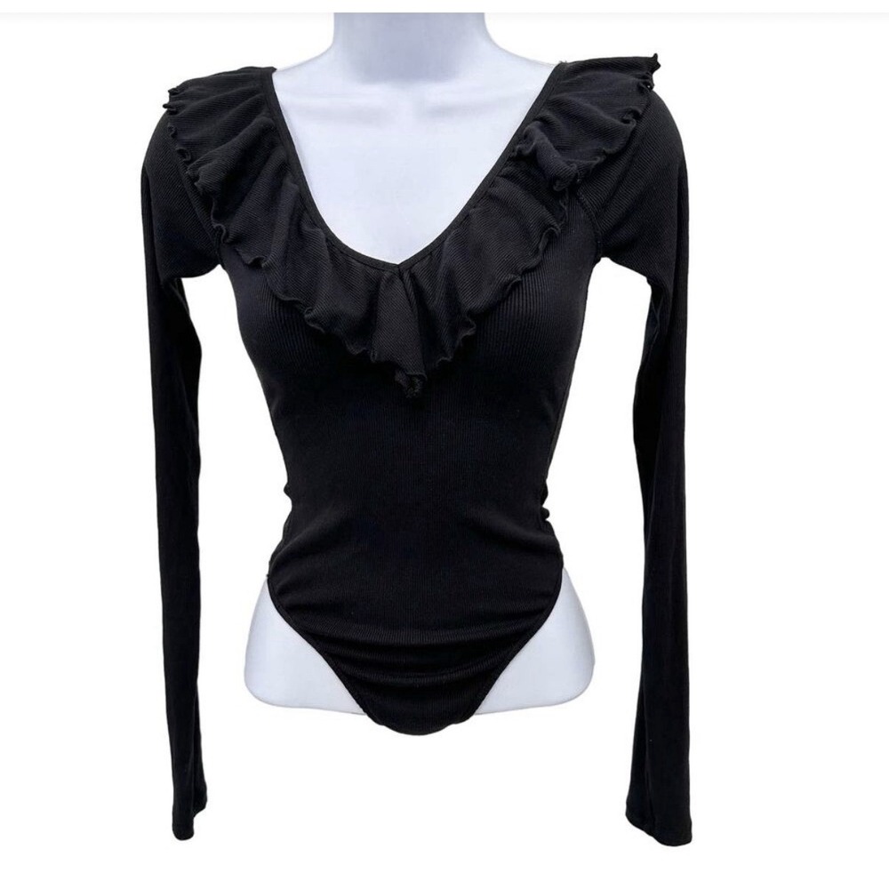 Wilfred Bodysuit Women XS Black Excellent Ruffle V-Neck Ribbed Long Sleeve